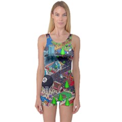 Pixel Art City One Piece Boyleg Swimsuit