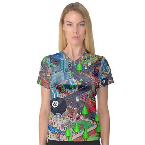 Pixel Art City Women s V-neck Sport Mesh Tee by BangZart