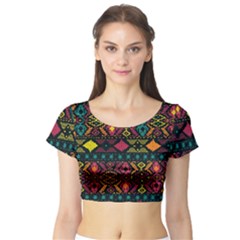 Bohemian Patterns Tribal Short Sleeve Crop Top (tight Fit)