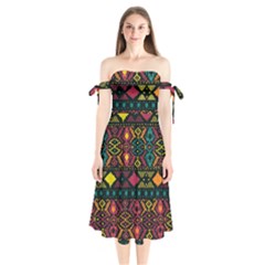 Bohemian Patterns Tribal Shoulder Tie Bardot Midi Dress