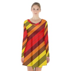 Abstract Bright Stripes Long Sleeve Velvet V-neck Dress