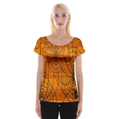 Vector Seamless Pattern With Spider Web On Orange Cap Sleeve Tops