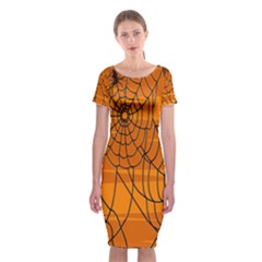 Vector Seamless Pattern With Spider Web On Orange Classic Short Sleeve Midi Dress