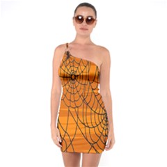 Vector Seamless Pattern With Spider Web On Orange One Soulder Bodycon Dress