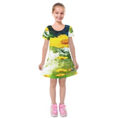 Yellow Flowers Kids  Short Sleeve Velvet Dress