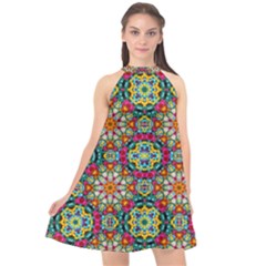 Jewel Tiles Kaleidoscope Halter Neckline Chiffon Dress 