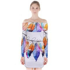 Watercolor Feathers Long Sleeve Off Shoulder Dress