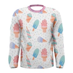 Hand Drawn Ice Creams Pattern In Pastel Colorswith Pink Watercolor Texture  Men s Long Sleeve Tee by LimeGreenFlamingo