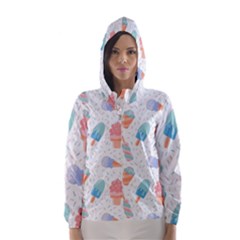 Hand Drawn Ice Creams Pattern In Pastel Colorswith Pink Watercolor Texture  Hooded Wind Breaker (women) by LimeGreenFlamingo