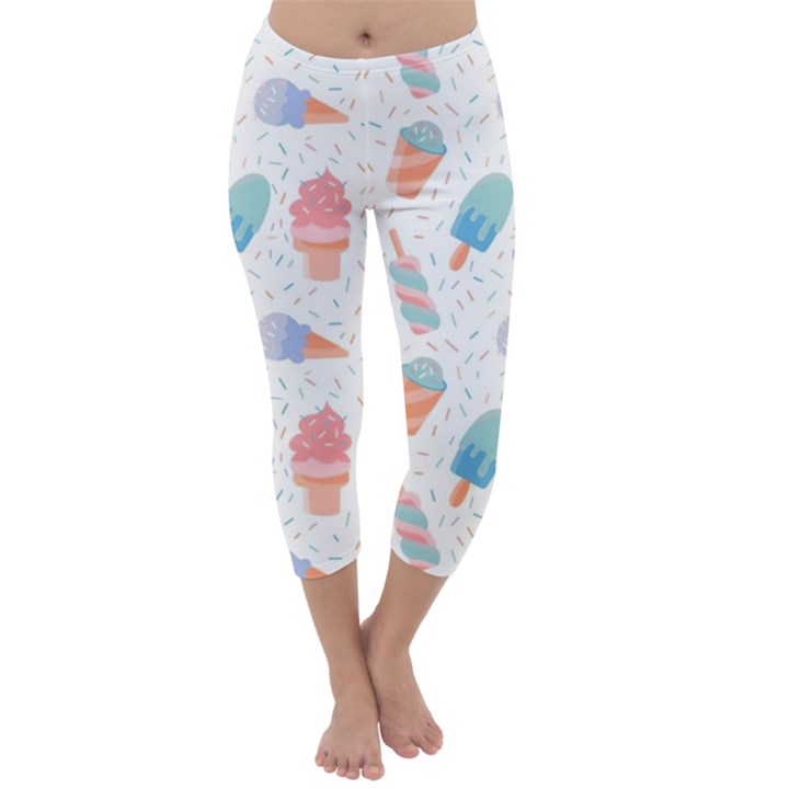 Hand Drawn Ice Creams Pattern In Pastel Colorswith Pink Watercolor Texture  Capri Winter Leggings 