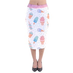 Hand Drawn Ice Creams Pattern In Pastel Colorswith Pink Watercolor Texture  Velvet Midi Pencil Skirt by LimeGreenFlamingo