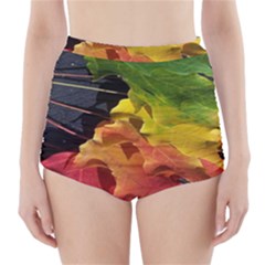 Green Yellow Red Maple Leaf High-waisted Bikini Bottoms