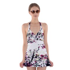 Pink Flower Ink Painting Art Halter Swimsuit Dress