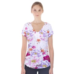 Sweet Flowers Short Sleeve Front Detail Top