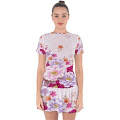 Sweet Flowers Drop Hem Mini Chiffon Dress by BangZart