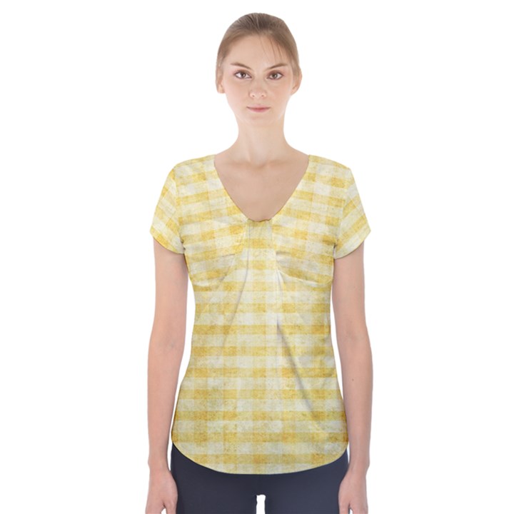 Spring Yellow Gingham Short Sleeve Front Detail Top