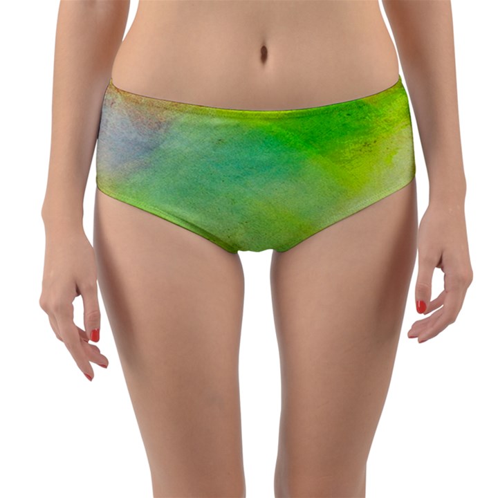 Abstract Yellow Green Oil Reversible Mid-Waist Bikini Bottoms