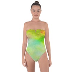 Abstract Yellow Green Oil Tie Back One Piece Swimsuit