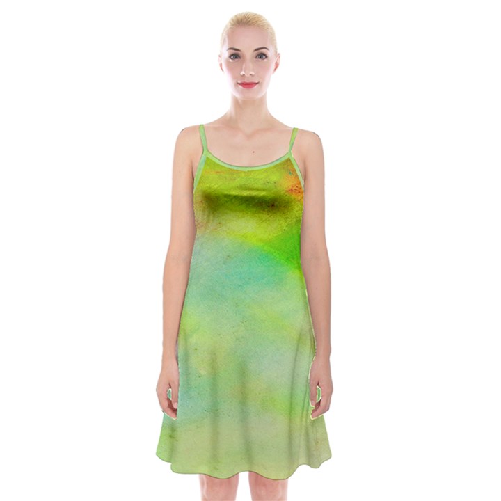 Abstract Yellow Green Oil Spaghetti Strap Velvet Dress