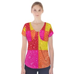 Color Abstract Drops Short Sleeve Front Detail Top