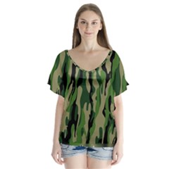 Green Military Vector Pattern Texture Flutter Sleeve Top