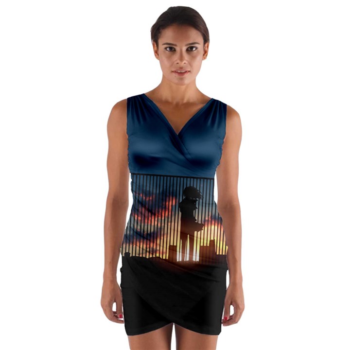 Art Sunset Anime Afternoon Wrap Front Bodycon Dress