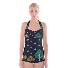 Vector Color Tree Boyleg Halter Swimsuit 