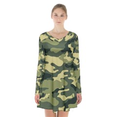 Camouflage Camo Pattern Long Sleeve Velvet V-neck Dress