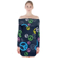 Peace & Love Pattern Long Sleeve Off Shoulder Dress