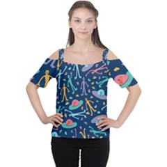 Alien Pattern Blue Women s Cutout Shoulder Tee