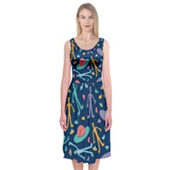 Alien Pattern Blue Midi Sleeveless Dress