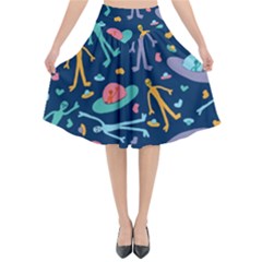 Alien Pattern Blue Flared Midi Skirt