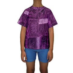 Purple Background Patchwork Flowers Kids  Short Sleeve Swimwear