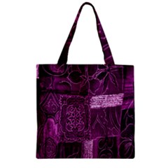 Purple Background Patchwork Flowers Zipper Grocery Tote Bag