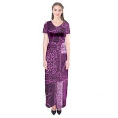 Purple Background Patchwork Flowers Short Sleeve Maxi Dress