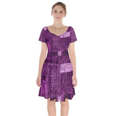 Purple Background Patchwork Flowers Short Sleeve Bardot Dress by BangZart