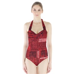 Red Background Patchwork Flowers Halter Swimsuit