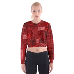 Red Background Patchwork Flowers Cropped Sweatshirt