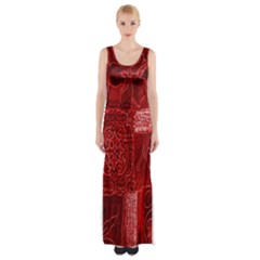 Red Background Patchwork Flowers Maxi Thigh Split Dress