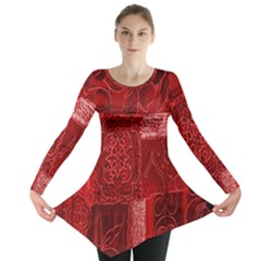 Red Background Patchwork Flowers Long Sleeve Tunic  by BangZart