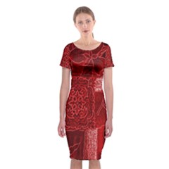 Red Background Patchwork Flowers Classic Short Sleeve Midi Dress