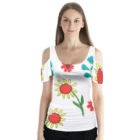 Flowers Fabric Design Butterfly Sleeve Cutout Tee  by BangZart