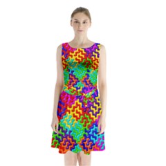 3d Fsm Tessellation Pattern Sleeveless Waist Tie Chiffon Dress