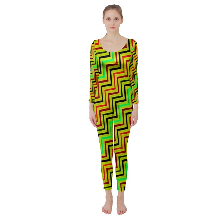 Green Red Brown Zig Zag Background Long Sleeve Catsuit