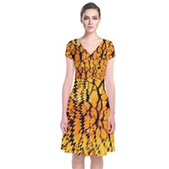 Yellow Chevron Zigzag Pattern Short Sleeve Front Wrap Dress