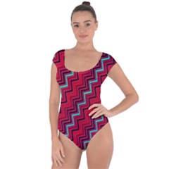 Red Turquoise Black Zig Zag Background Short Sleeve Leotard 