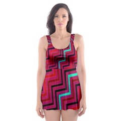 Red Turquoise Black Zig Zag Background Skater Dress Swimsuit