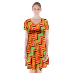 Orange Turquoise Red Zig Zag Background Short Sleeve V-neck Flare Dress