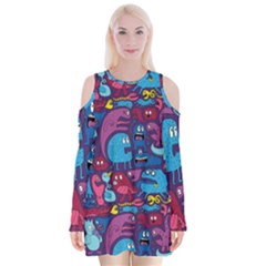 Hipster Pattern Animals And Tokyo Velvet Long Sleeve Shoulder Cutout Dress