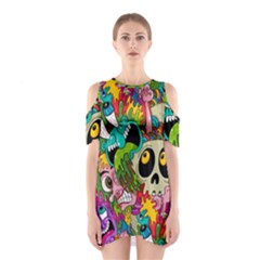 Crazy Illustrations & Funky Monster Pattern Shoulder Cutout One Piece